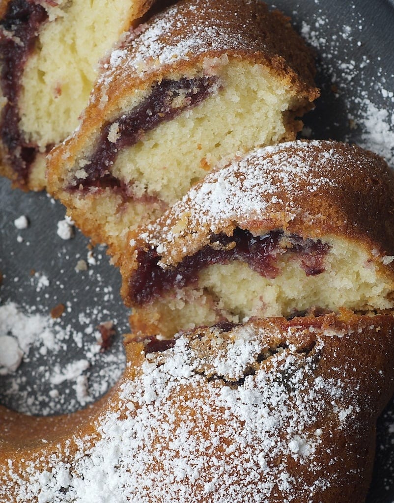 Black cherry preserves help make this Black Cherry Sour Cream Coffee Cake a lovely, sweet cake that's great for dessert or a coffee break. - Bake or Break