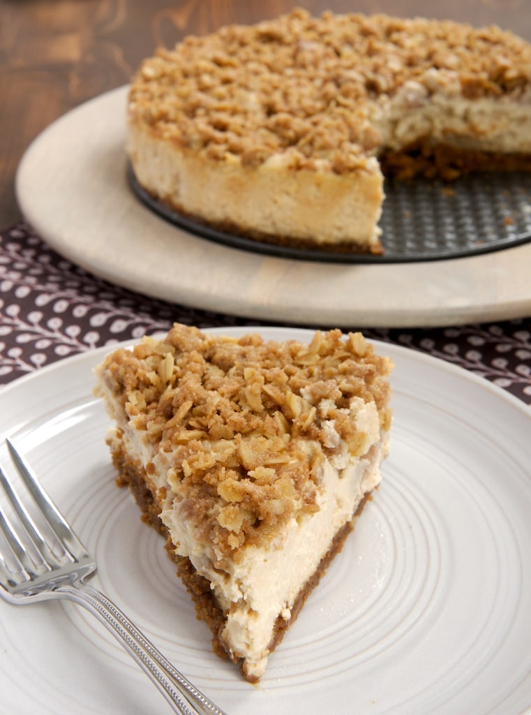 Pear Crisp Cheesecake combines sweet, rich cheesecake with a pear and oat crisp topping.