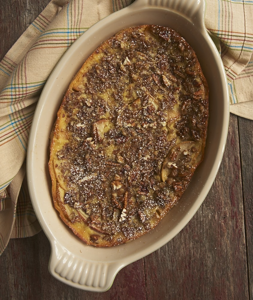 Apple Bourbon Clafoutis is a simple, not-too-sweet dessert that can be made quickly and easily. And it's beautiful, too! - Bake or Break