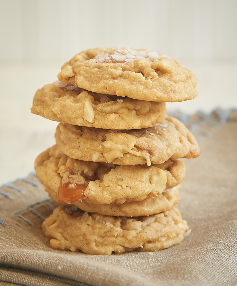 Rich caramel and crunchy cashews add big flavor to these Salty Cashew Caramel Cookies. The sprinkle of salt on top makes them even better! - Bake or Break