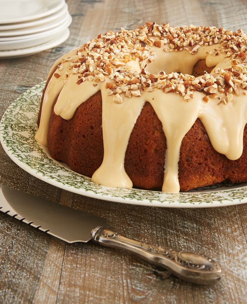 Toasted Pecan Bundt Cake with Caramel Cream Cheese Glaze Bake or Break