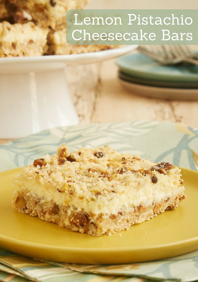 Lemon Pistachio Cheesecake Bars are a sweet, tart, nutty treat. The combination of lemons and pistachios is irresistible! - Bake or Break