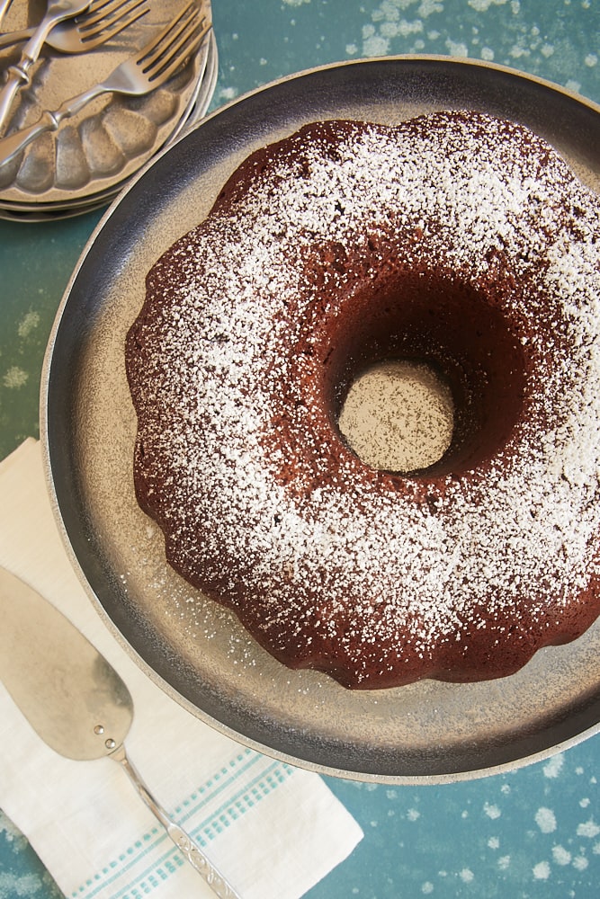 Buttermilk Mexican Chocolate Pound Cake dusted with confectioners' sugar