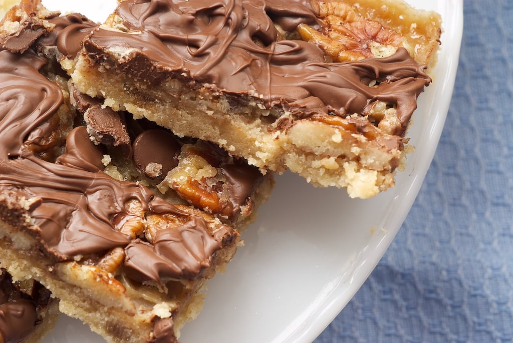 Caramel and chocolate pecan bars bake or break
